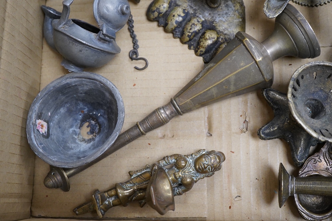 A group of small Middle Eastern mixed metalware lamps, burners etc